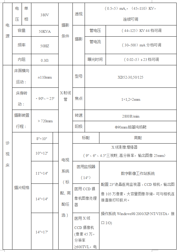 DR胃肠机的电源和诊视床参数